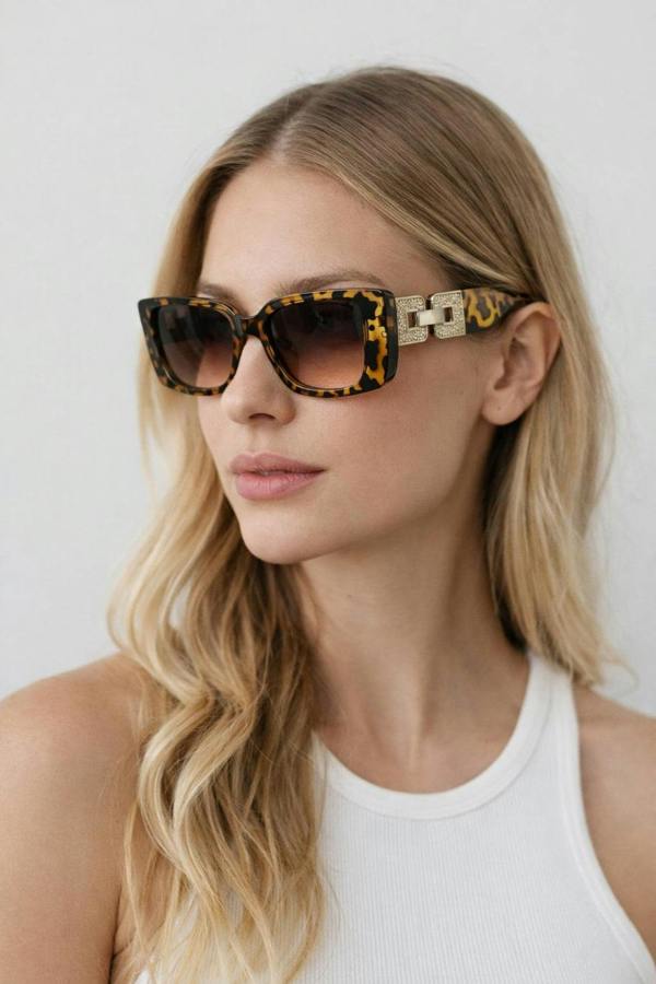 Rectangle Cateye Side Detail Sunglasses In Leopard - svnx