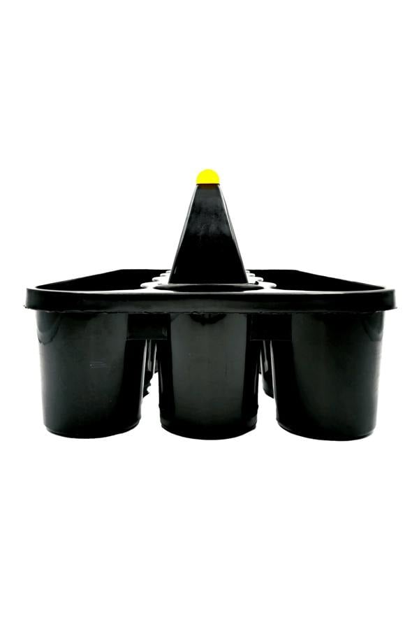 End view of empty black Optimum bottle carrier with yellow-tipped carry handle - Optimum
