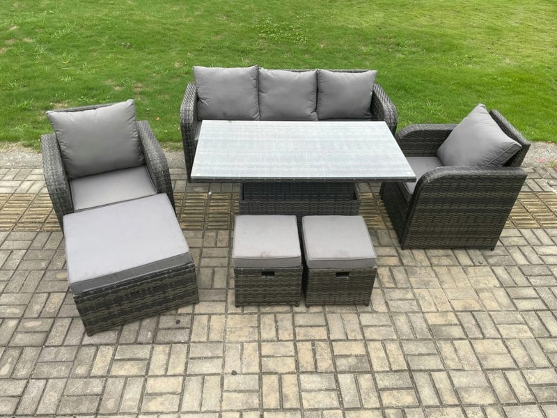 Fimous Outdoor Rattan Furniture Garden Dining Sets Height Adjustable Rising lifting Table and Chair Set With Lounge Sofa 3 Footstools