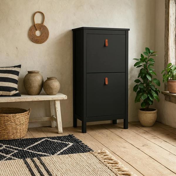 Wyld Haus Wildberry Matt Black Wooden Shoe Cabinet 2 Flip Down Doors Leather Handles