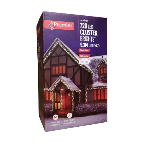 Samuel Alexander 720 LED 9.3m Premier Clusterbrights Indoor Outdoor Multifunction Mains Operated Christmas Cluster Lights with Timer in Warm White