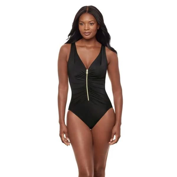 Black Miraclesuit Razzle Dazzle Zipt swimsuit with gold zipper