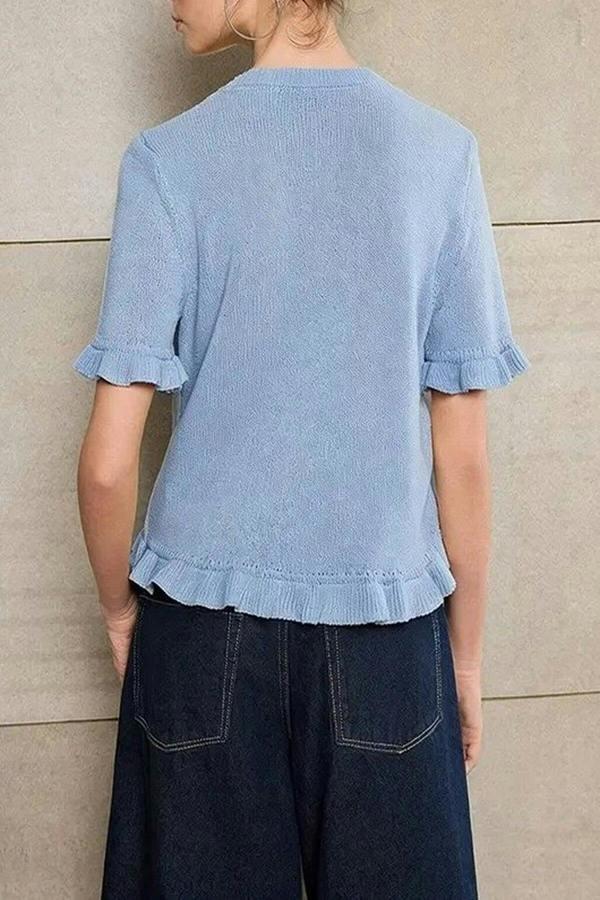 WOVCOR Flower Button Detail Crew Neck Knit Blouse