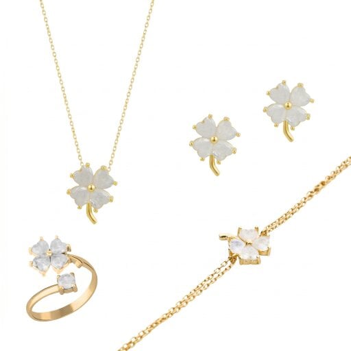 Spero London Best of Luck Four Leaves Clover Sterling Silver Bracelet Necklace Ring and Stud Earring Set - White Full Set