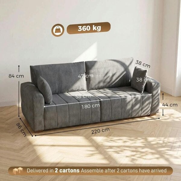 3 Seater Sofa, Upholstered Velvet Couch for Bedroom with Pillows, Padded Cushion and Wood Legs, Grey
