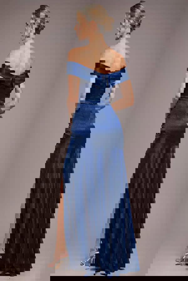 Satin Off Shoulder Pleated Maxi Dress - Navy Blue DR3731