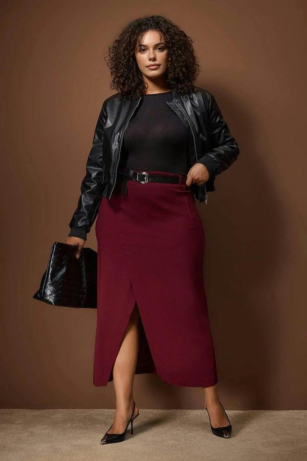 WOVCOR Maxi Woven Plus Size Skirt with Belt and Slit Detail