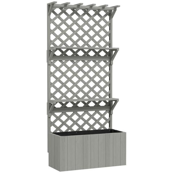 Grey wooden planter with trellis lattice back and two shelf tiers above a planter box