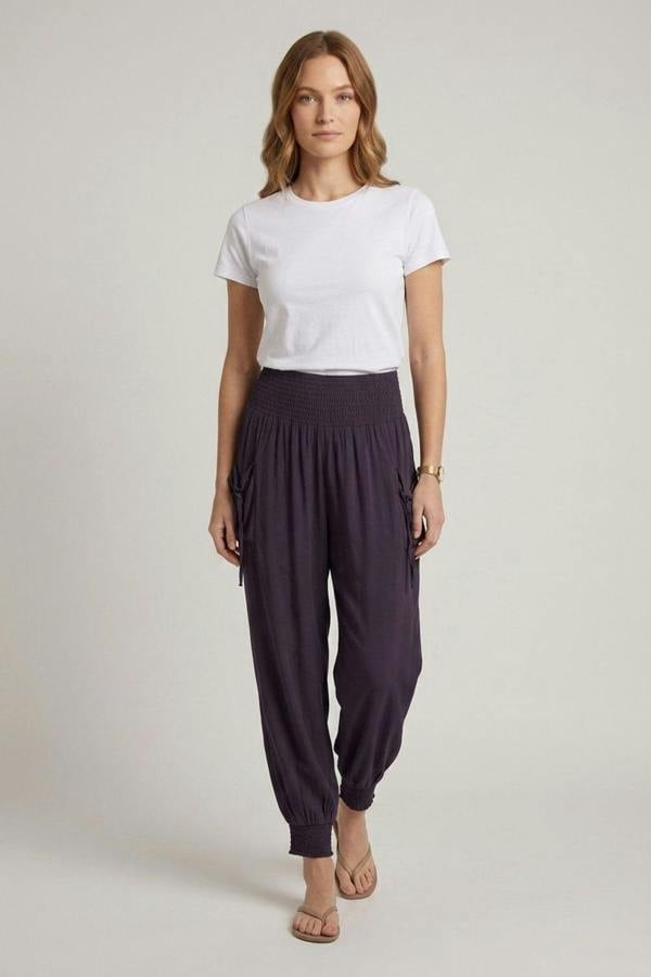 Navy | High Waist Pull On Tapered Pants
