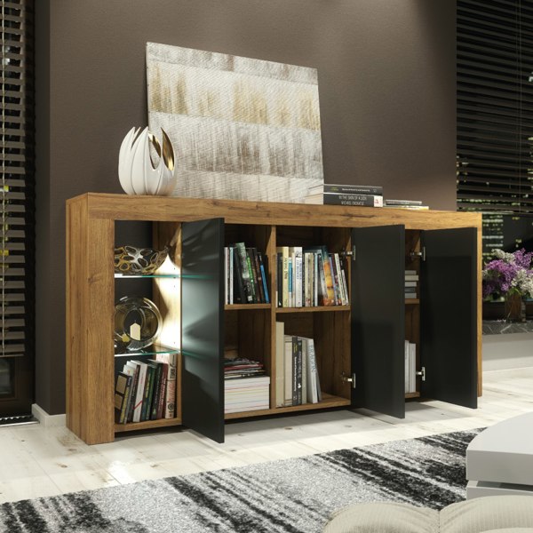 Mex Furniture Exclusive 164cm Sideboard TV Unit Oak Display Cabinet TV Stand Living Room & FREE LED