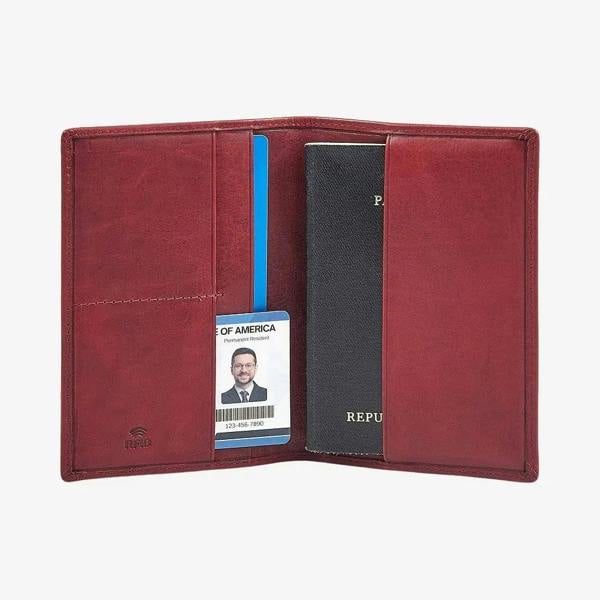 Front view of Bordeaux leather passport holder with a passport and ID card holder on a white background