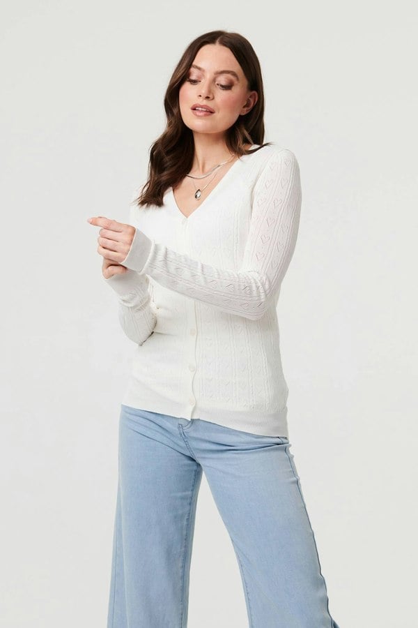 White | Semi Sheer Heart Textured Slim Cardigan
