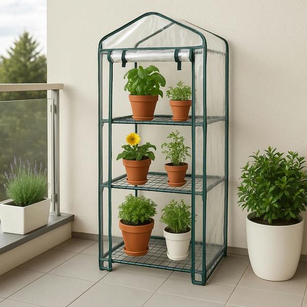 Mini greenhouse with four tiers, clear plastic cover, and potted plants, ideal for small spaces and gardening enthusiasts