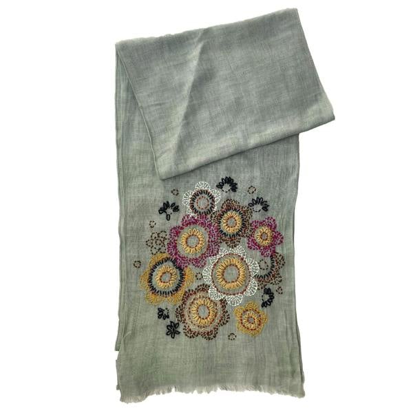 Hayley & Co Hand Embroidered 100% Linen Scarf in Grey Floral