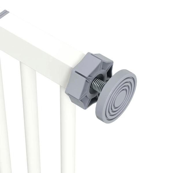 Close-up of white safety gate pressure-mount screw and bracket hardware