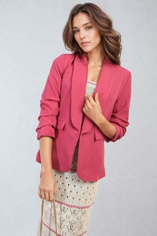 Valerie Ruched Sleeve Open Front Blazer Jacket With Front Pockets - Fuschia