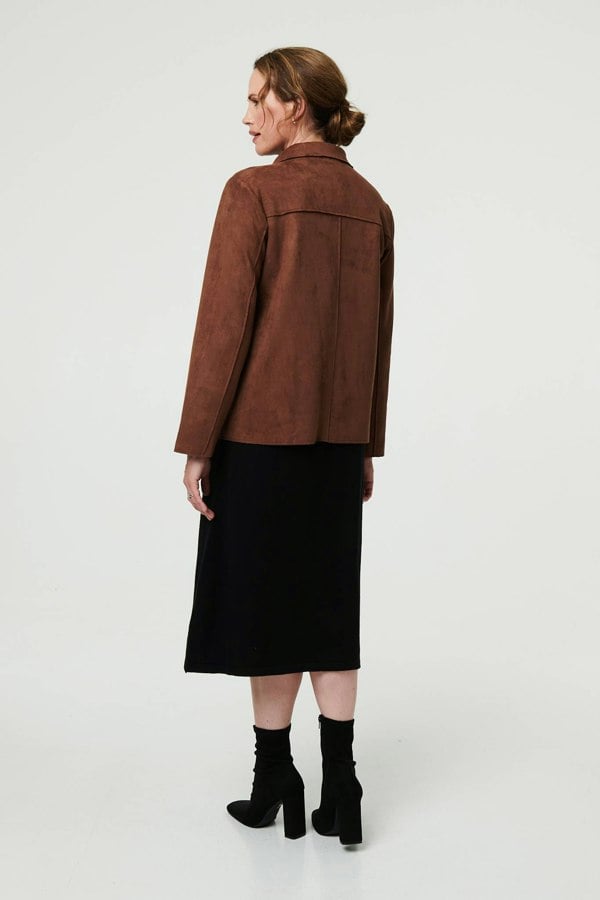 Brown | Faux Suede Button Front Shirt Jacket
