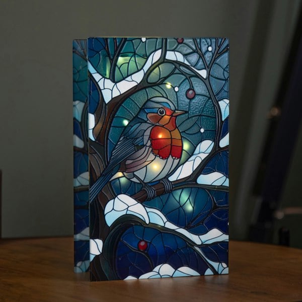 Samuel Alexander 21cm Battery Operated Light up Stained Glass Christmas Decoration with Robin Scene & Warm White LEDs