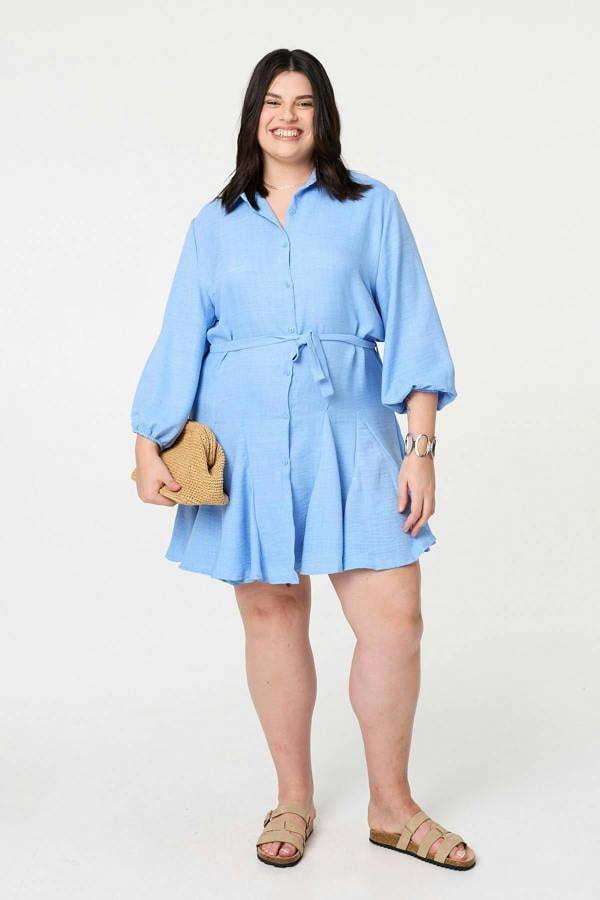 Light Blue | Curve Tie Waist Knee Length Shirt Dress