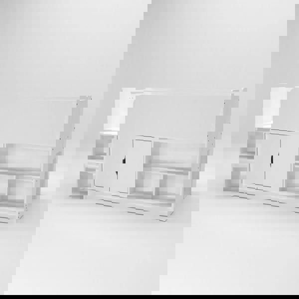 Another side view of the mid sleeper bed. It shows off the built-in 3 cube bookcase and storage cupboard.