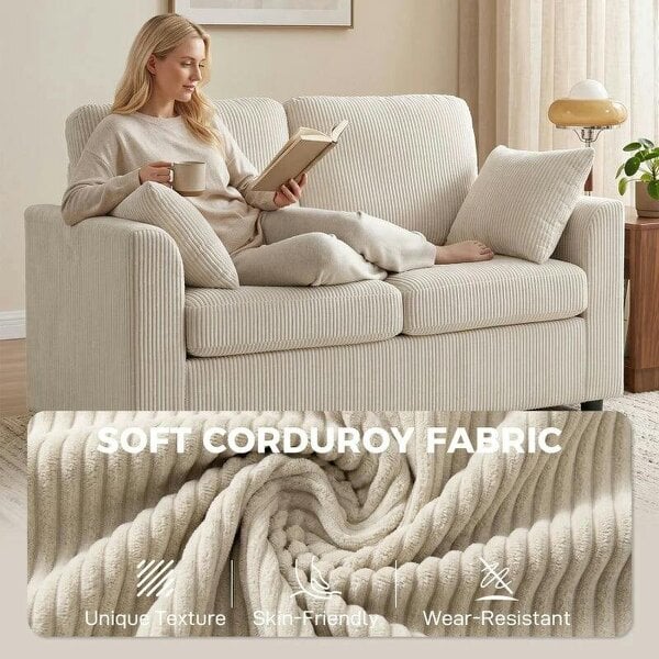 2 Seater Sofa, Corduroy Small Couch with Spring Cushion, Wide and Deep Seat, Beige