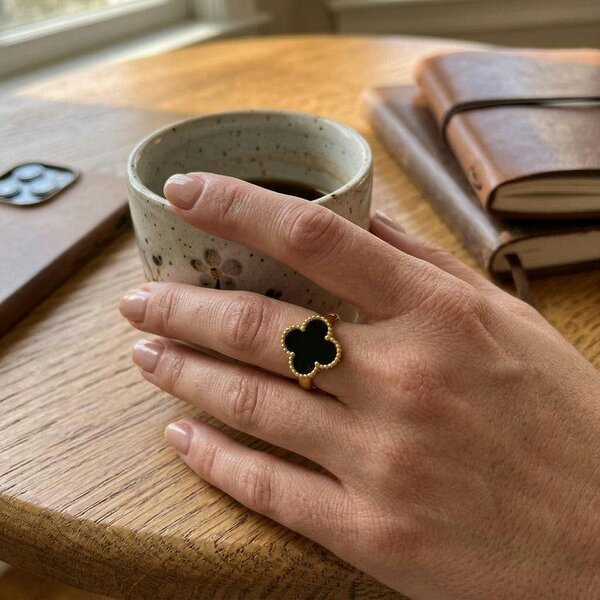 The Colourful Aura Gold Tone Four Leaf Clover Adjustable Ring, Black, White or Gold