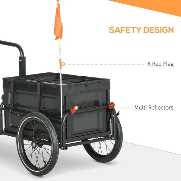 Black bicycle cargo trailer with multi reflectors and orange flag for visibility