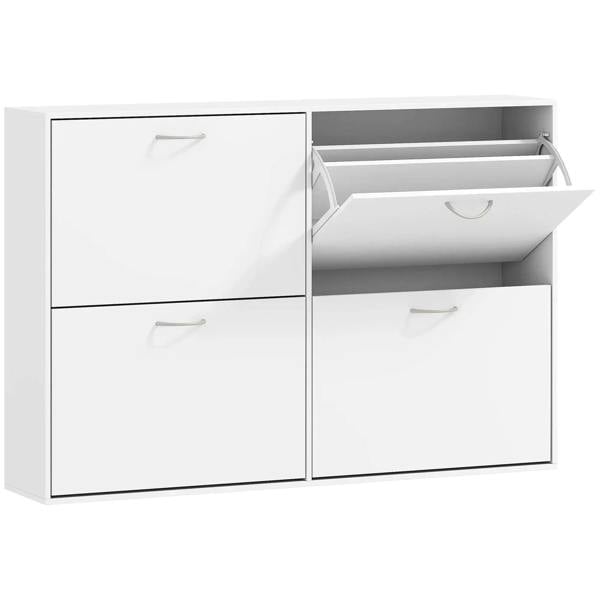 White wooden shoe cabinet with two doors and open pull-down shelf storage
