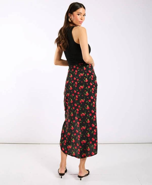 Black Floral Ruche Side Midi Skirt Side