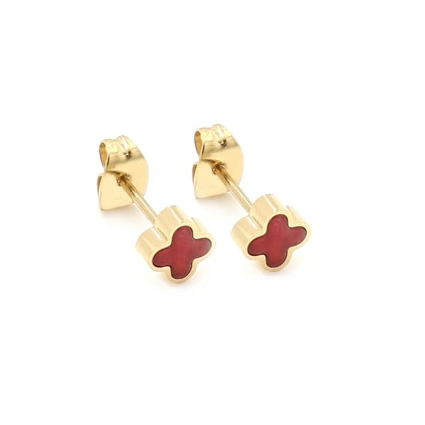 Say It With Cherry Red Crystal Clover Earrings - Yellow Gold Plated