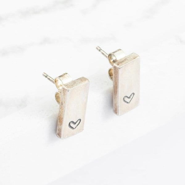 T. H. Baker Silver Tone Oxidised Rectangle Heart Stud Earrings SE2