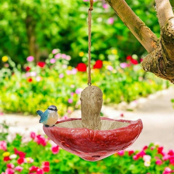 EDH Door Hardware Red Resin Mushroom Bird Feeder with Blue Tit – Charming & Functional Garden Décor
