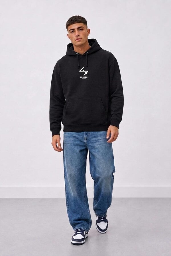 London Attitude Oversized Japanese Inspired Graphic Hoodie in Black