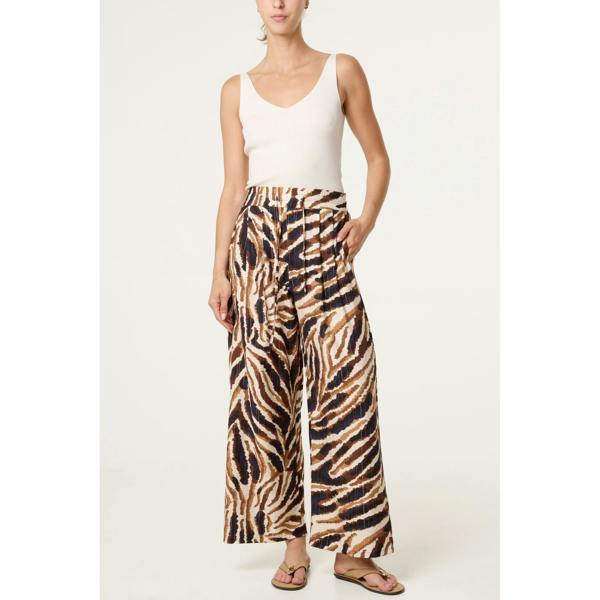 Blue Vanilla Tiger Print Drawstring Wide Leg Trousers