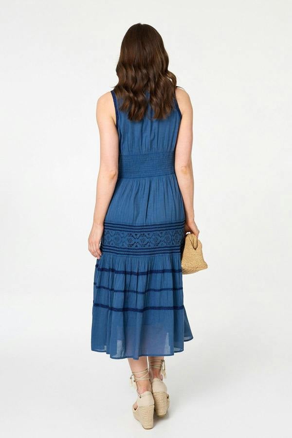 Blue | Embroidered Tiered Sleeveless Midi Dress