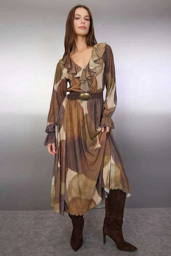 WOVCOR Printed Ruffle Detail Maxi Stretch Knit Dress