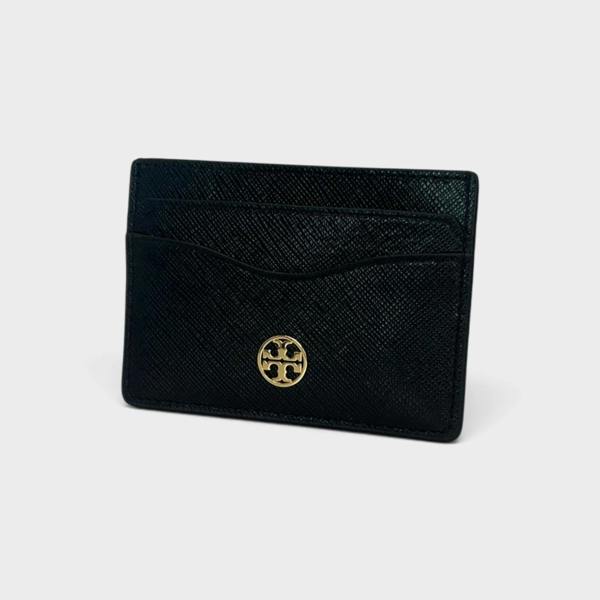 Supplied Fashion Tory Burch black slim leather card case with gold logo emblem