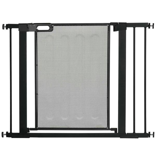 Black pressure-fit safety gate frame with full mesh panel and top latch bar