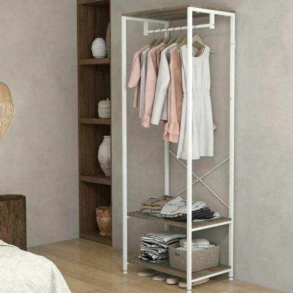 White coat rack standing organizer with hanging rail and two-tier grey shoe shelves