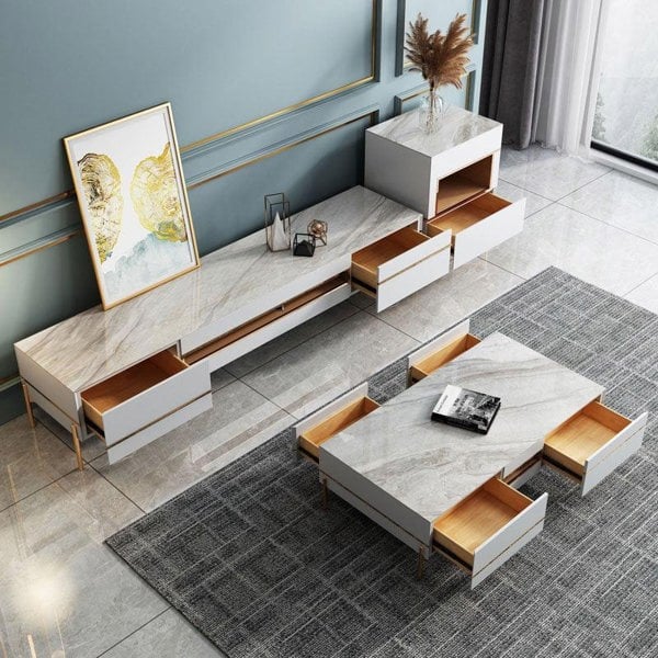 VIda Rectangle Coffee Table Set With TV Stand, Gold Leg-Weilai Concept-Weilai Concept