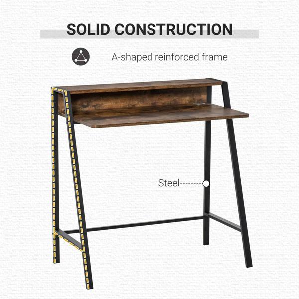 Two-tier desk with A-shaped reinforced frame and rustic brown open shelf