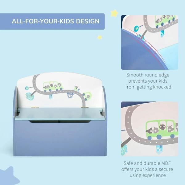 Blue kids toy storage bench with smooth rounded edges and printed lid graphic