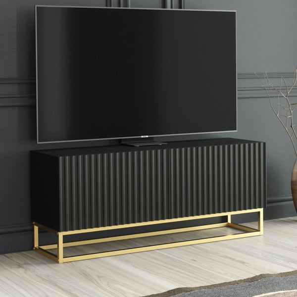 Mex Furniture Modern Black TV Unit with Gold Base 100cm – Fluted Fronts & Push-Down Doors