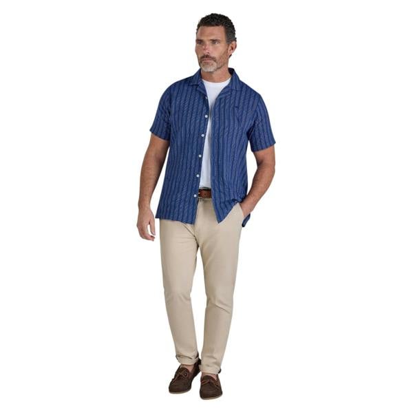 Raging Bull Mens Athens Stripe Linen Revere Collar Short-Sleeved Shirt - Navy - 