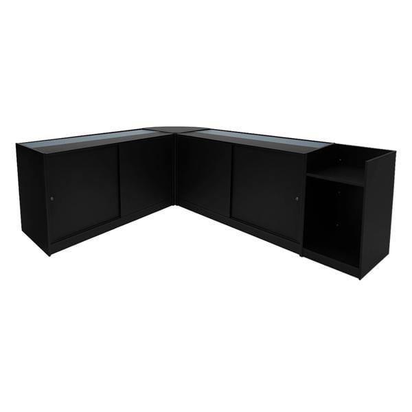 Black Gravity LED Shop Counter Set featuring sleek design, glass display tops, and ample storage space for retail use