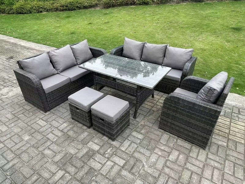 Fimous 9 Seater Dark Grey Rattan Outdoor Dining Set - Reclining Chair, Lounge Sofa, 3-Seater Sofa & 2 Stools