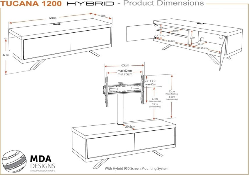 MDA Designs TUCANA 1200 Hybrid Black White TV Stand BeamThru Remote-Friendly Doors up to 60" Flat Screen TV Cabinet with Mounting Arm