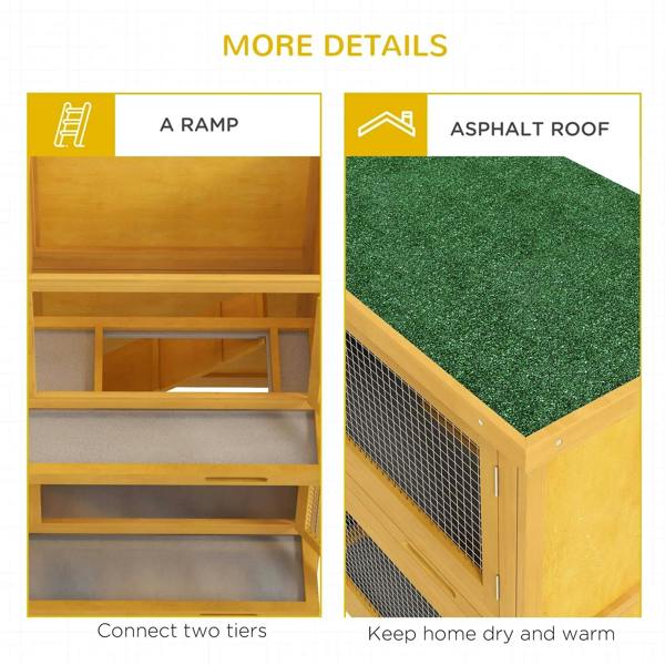 Yellow two-tier rabbit hutch showing ramp and wire-mesh lower access panels