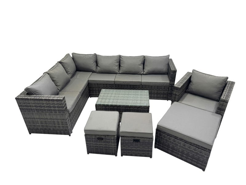 Fimous Outdoor Rattan Rectangular Coffee Table Corner Sofa Sets Garden Furniture Set with 2 Small Stools Dark Grey Mixed