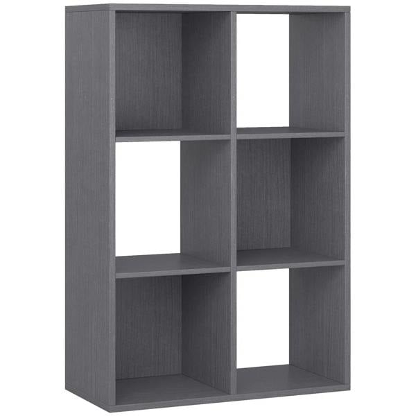 Grey 6-cube bookshelf with six square open compartments, fixed shelves.